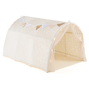 Beige play tent with polka dot pattern on a white background