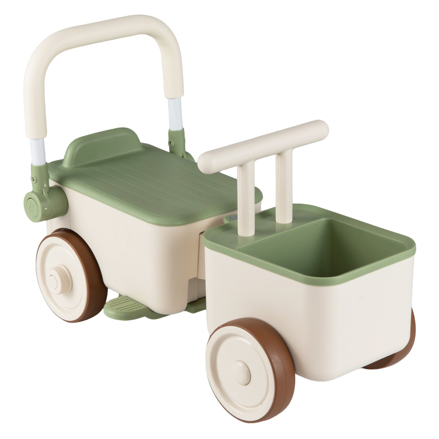 Children's green and beige toy push cart with a small seat and basket on a white background