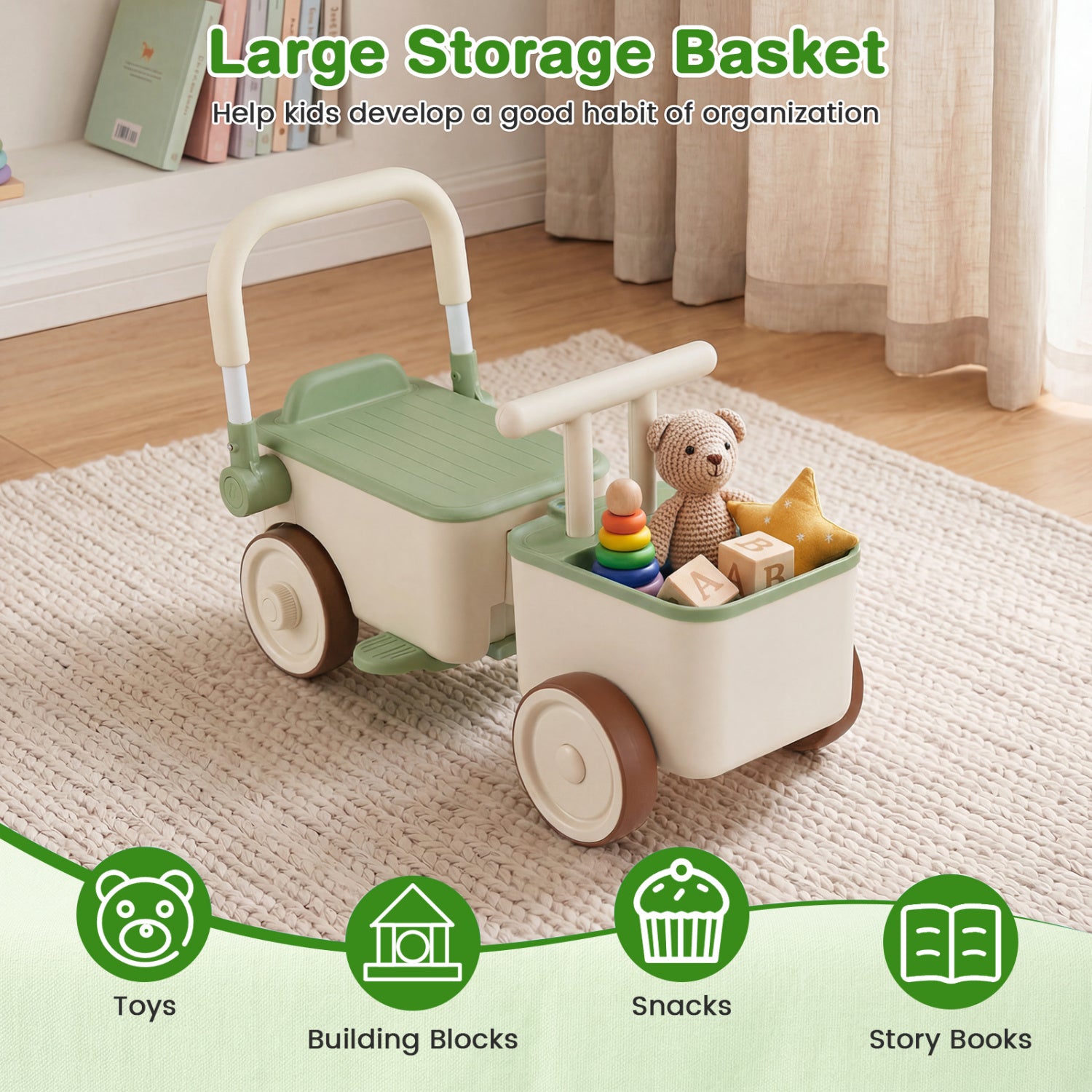 Children's storage basket with wheels and handle, filled with toys and snacks, on a carpeted floor.