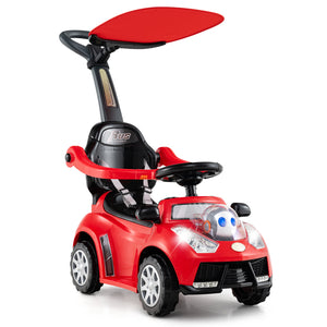 Red toy car with a black seat and handle on a white background