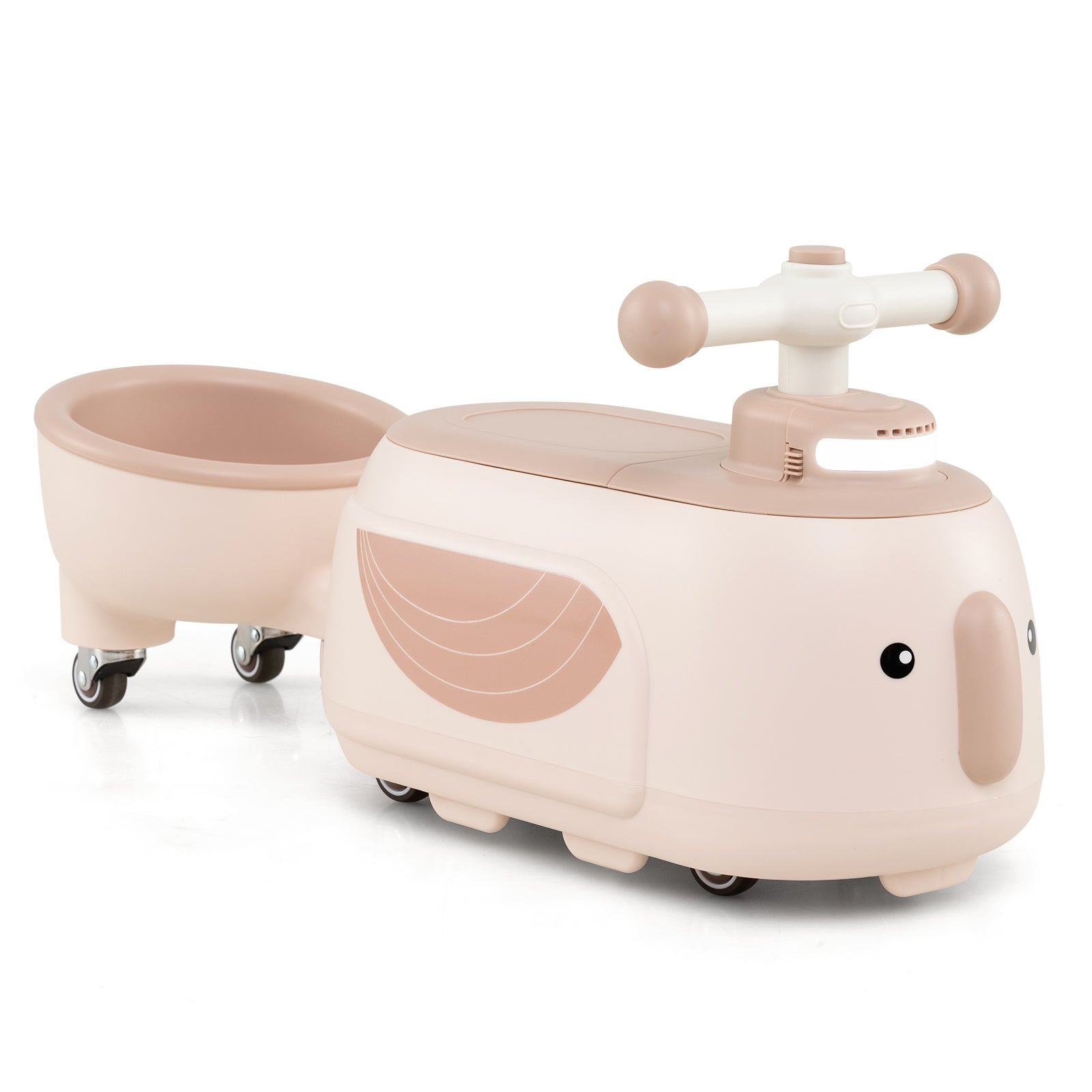 Children's toy resembling a whale with wheels on a white background