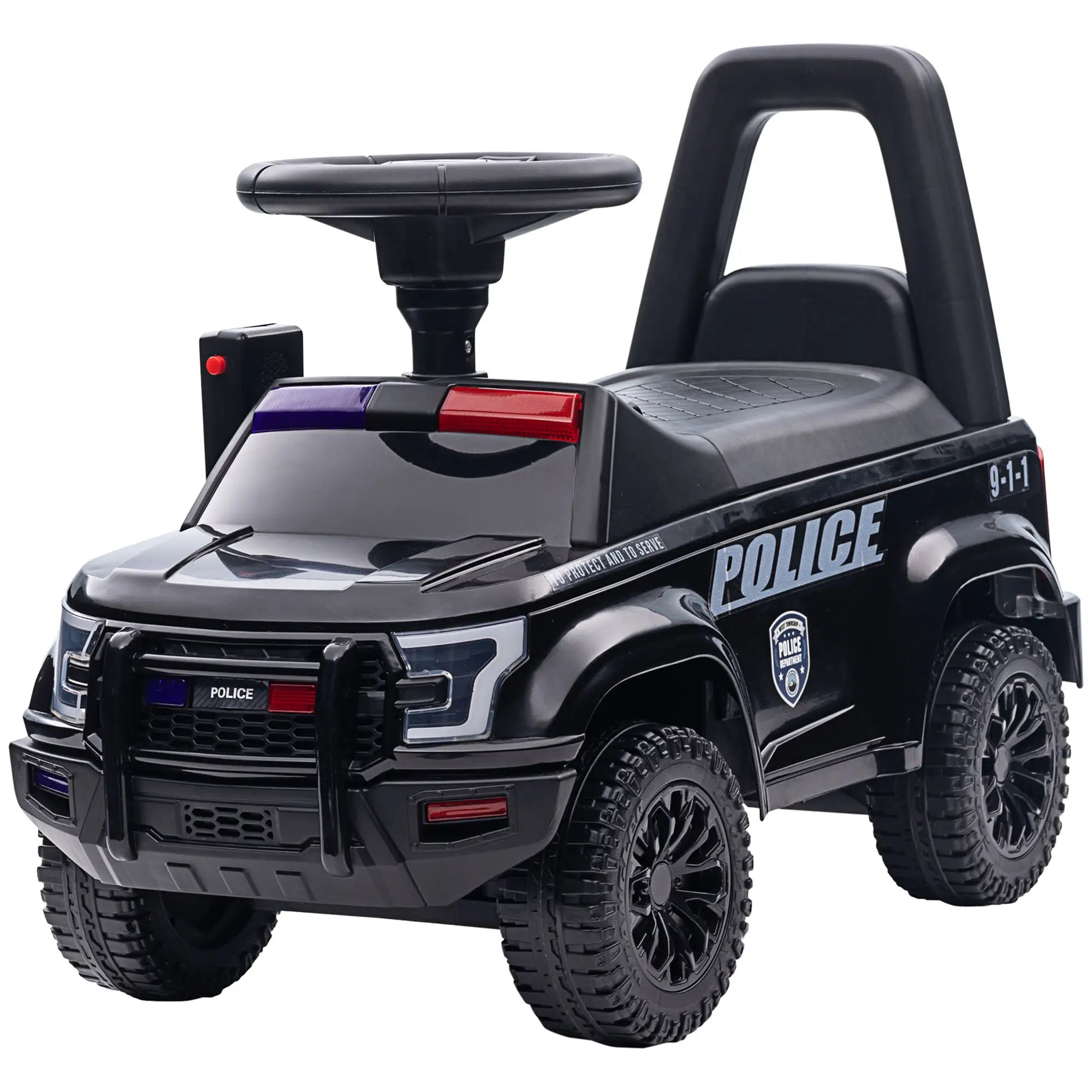 Toy police car with black color scheme and visible 'POLICE' text on a white background