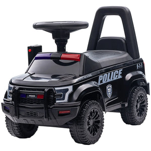 Toy police car with black color scheme and visible 'POLICE' text on a white background