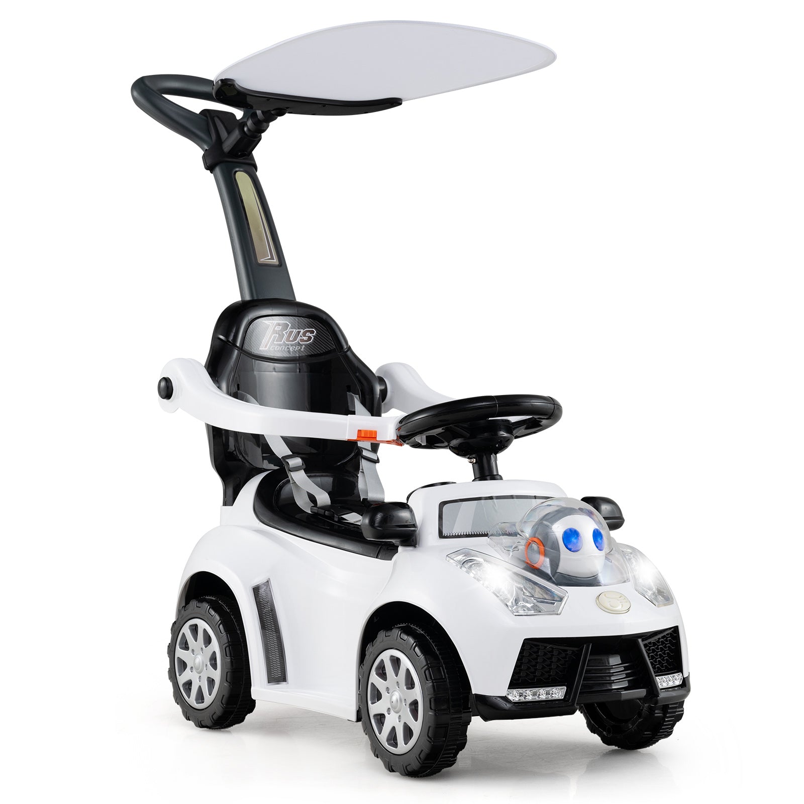 White toy car with black accents on a white background