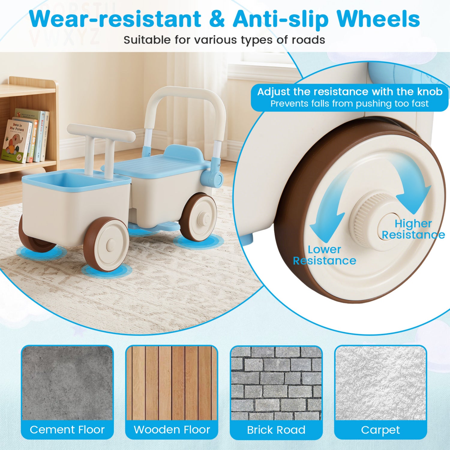 Child's toy cart with wear-resistant and anti-slip wheels on a light blue background.
