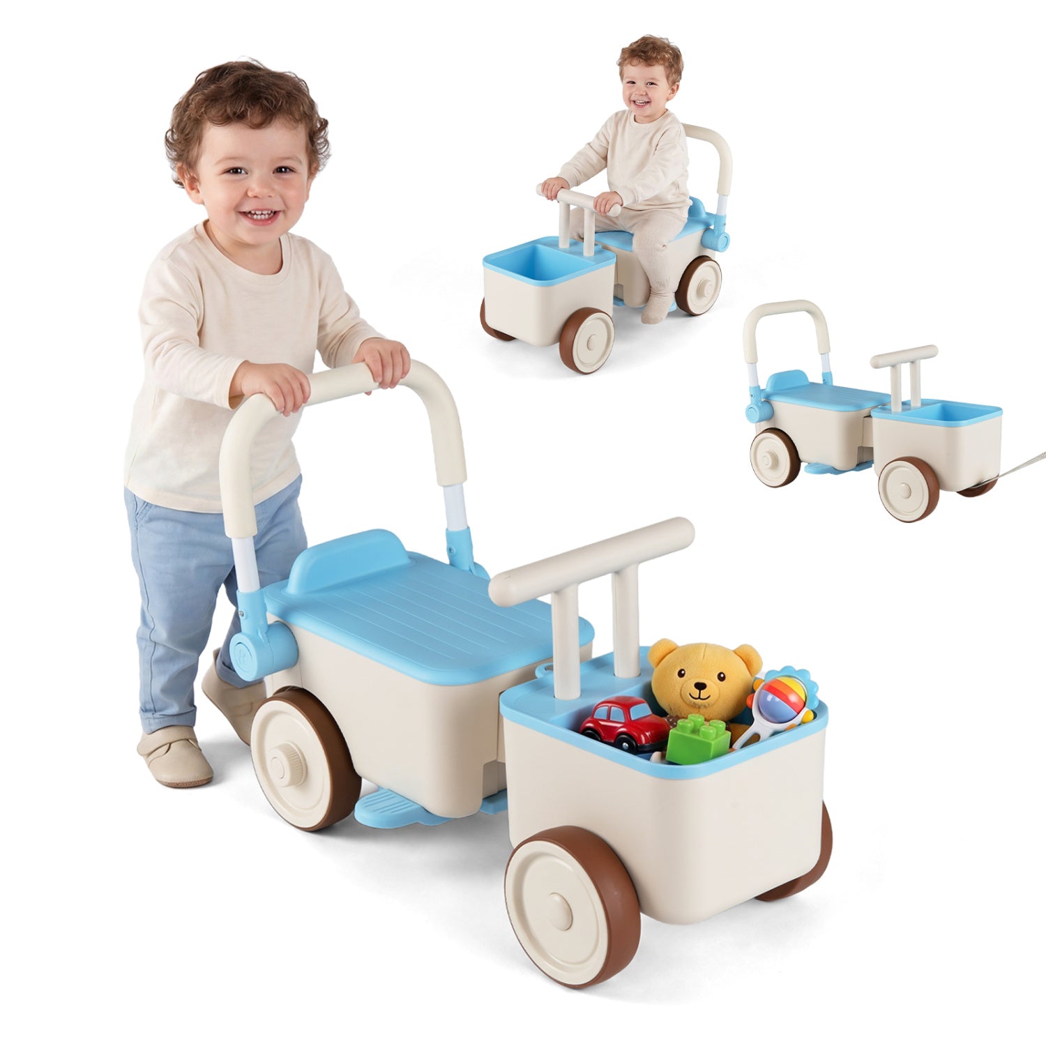 Child playing with a toy walker and teddy bear, with additional views of the walker on a white background.