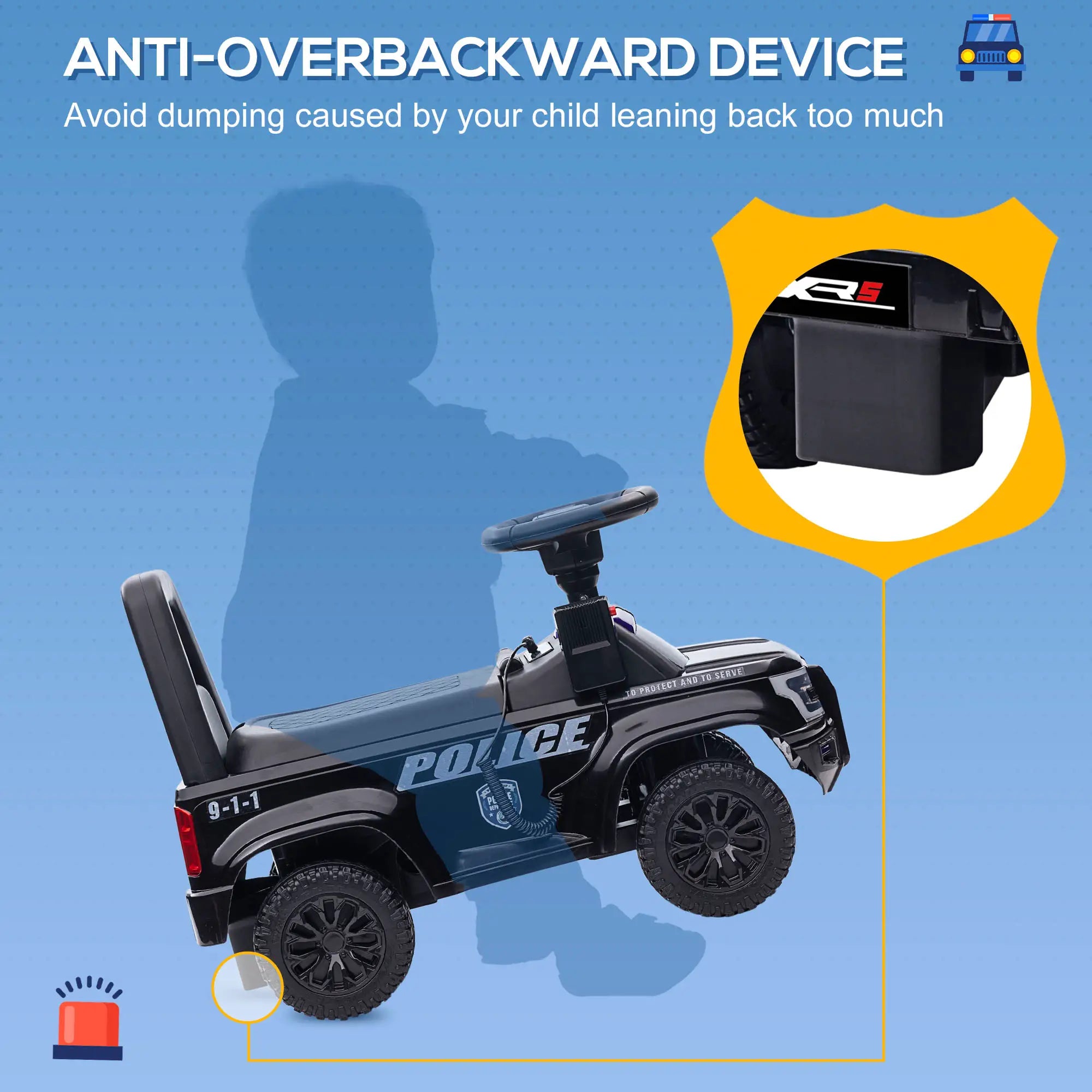 Toy police car with an anti-overbackward device feature on a blue background