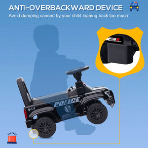 Toy police car with an anti-overbackward device feature on a blue background