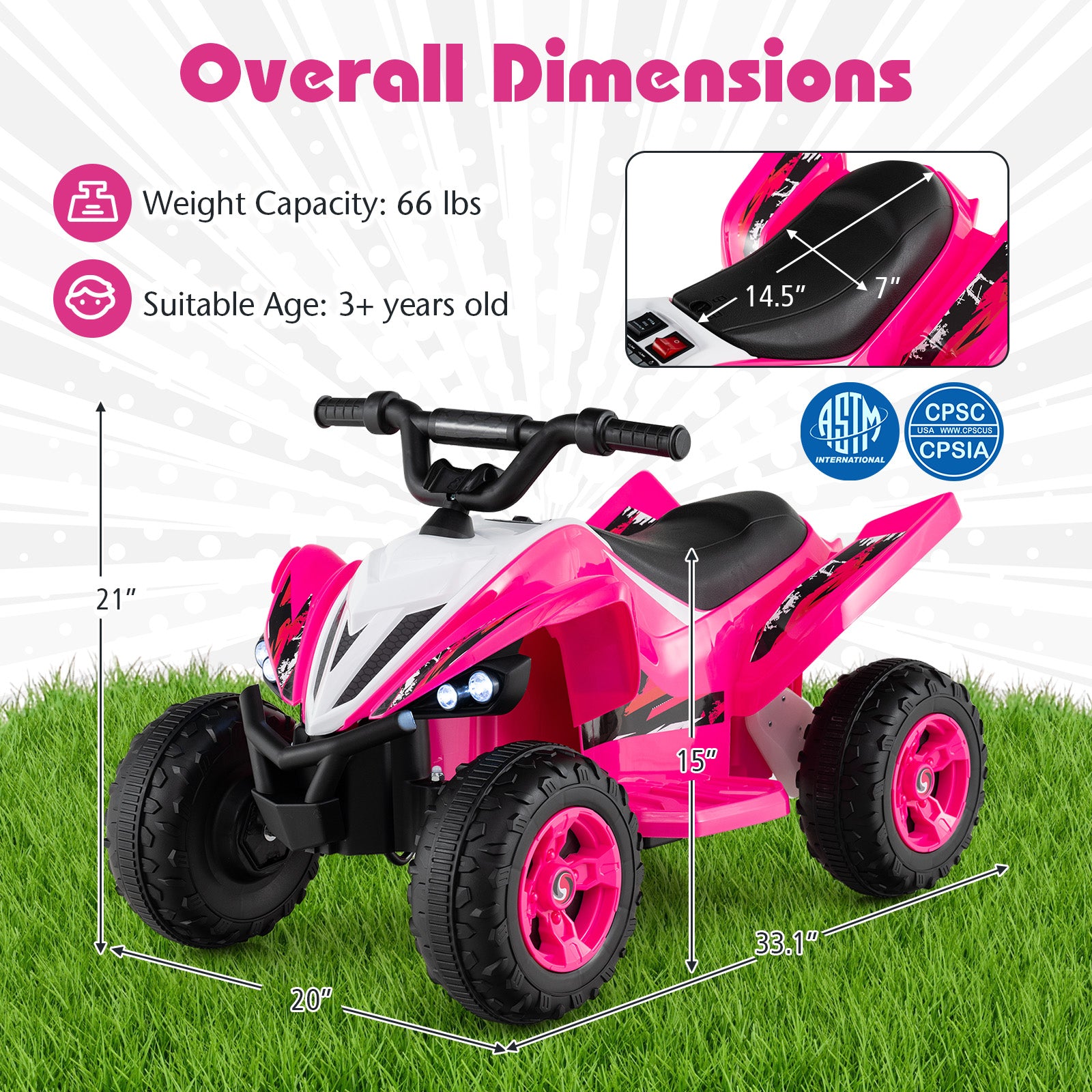 Pink toy ATV with dimensions and safety certification logos on a grassy background