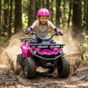 Child riding a pink ATV in a forest