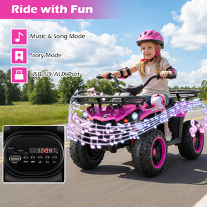 Child riding a pink toy vehicle with LED lights, outdoors on a sunny day.