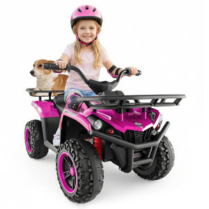 Child riding a pink toy ATV with a dog sitting on the back, both on a white background