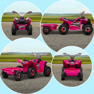 Pink toy ATV with trailer on a road, surrounded by four circular images.