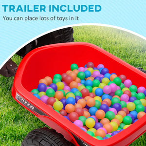 Red toy truck with colorful balls on grass, text 'Trailer Included'.