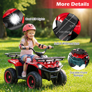 Child riding a red toy ATV with features highlighted on a grassy background