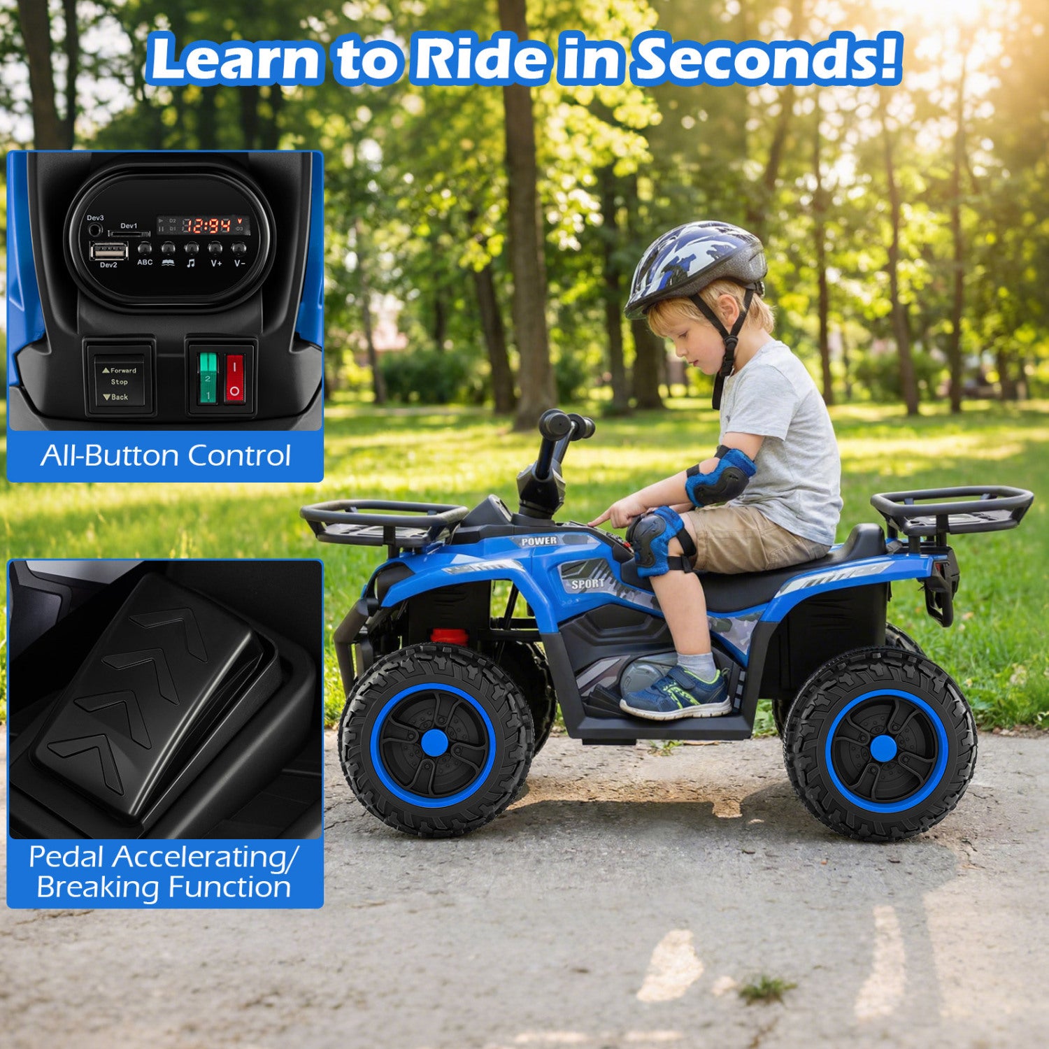 Child on a blue toy ATV with safety gear, surrounded by trees and grass.