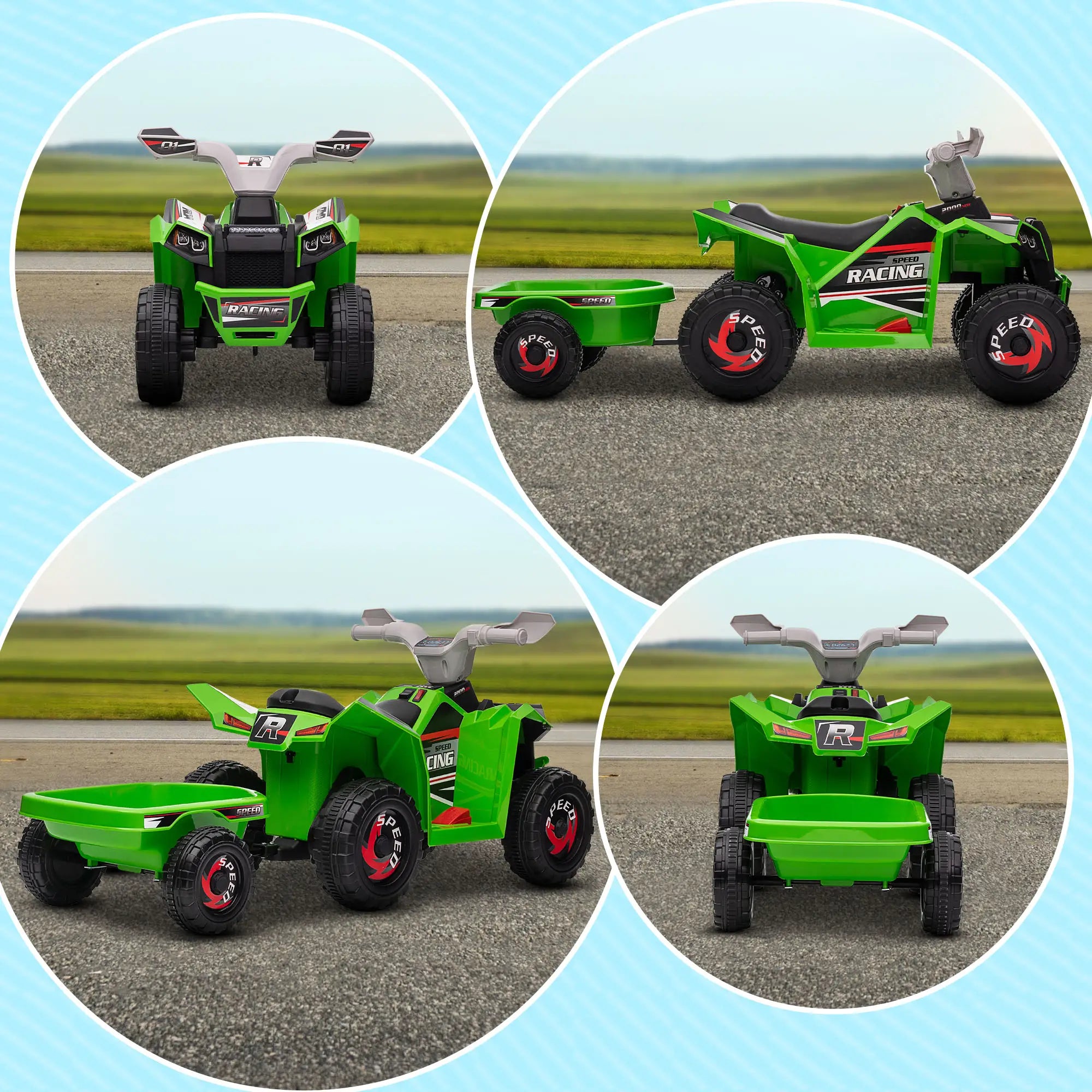 Green toy ATV with a trailer on a road, surrounded by four circular images.