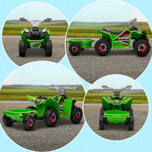 Green toy ATV with a trailer on a road, surrounded by four circular images.