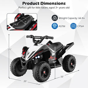 Measurement chart of a toy quad bike with dimensions and safety certification logos.