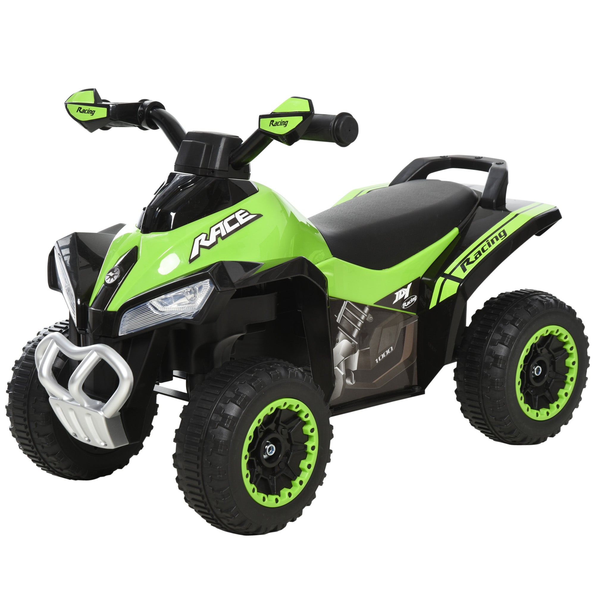 Green and black toy ATV with 'Racing' text on a white background