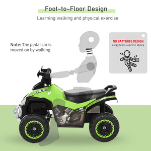 Green and black pedal car with text about foot-to-floor design and safety features on a white background.