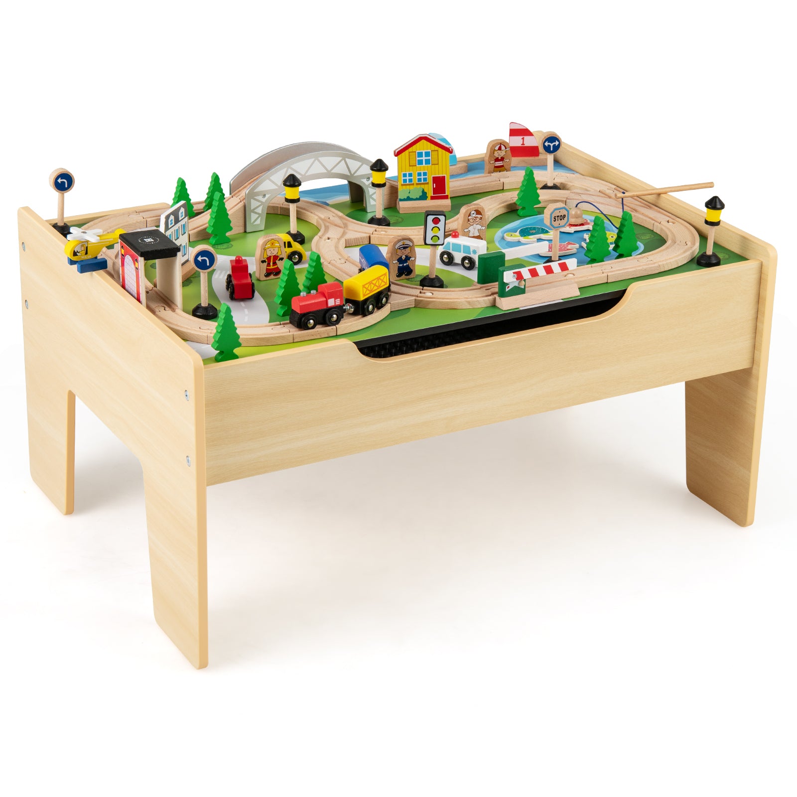 Kids railway play table featuring colorful wooden train tracks and vehicles