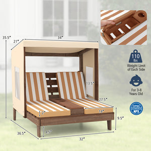 Children's wooden playhouse with dimensions and safety certification logos on a light background