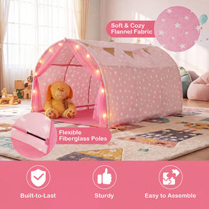 Pink children's play tent with soft flannel fabric and fiberglass poles in a room setting.