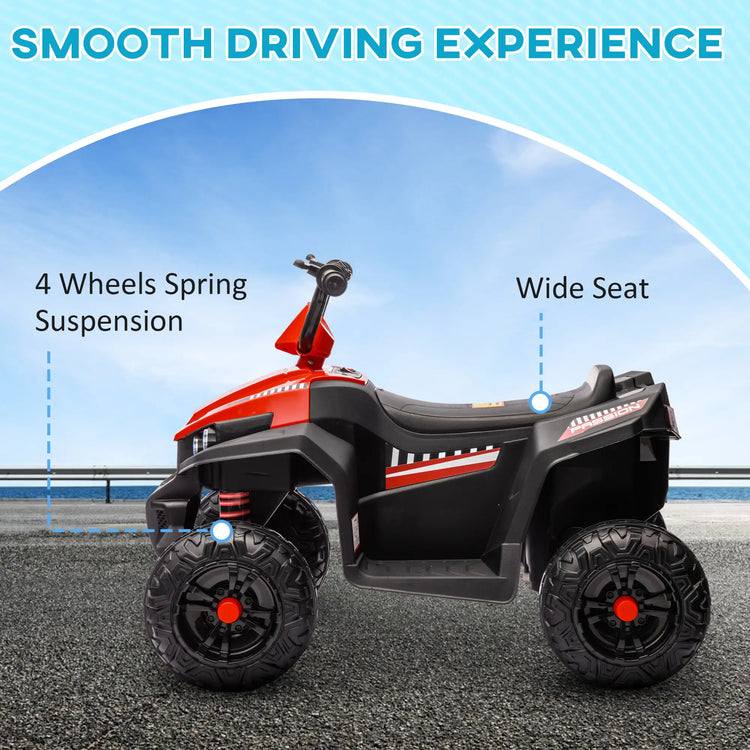 Red 12V kids ATV with visible battery level display for safe, extended playtime