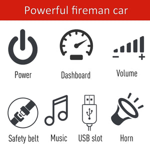 Kids red fire truck ride-on featuring secure seat belt for safety