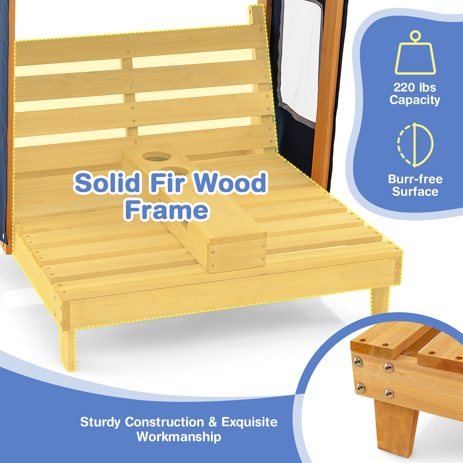 Wooden bed frame with 'Solid Fir Wood Frame' text and capacity details on a white background