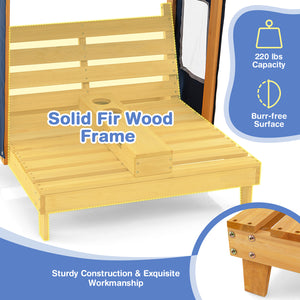 Wooden bed frame with 'Solid Fir Wood Frame' text and capacity details on a white background