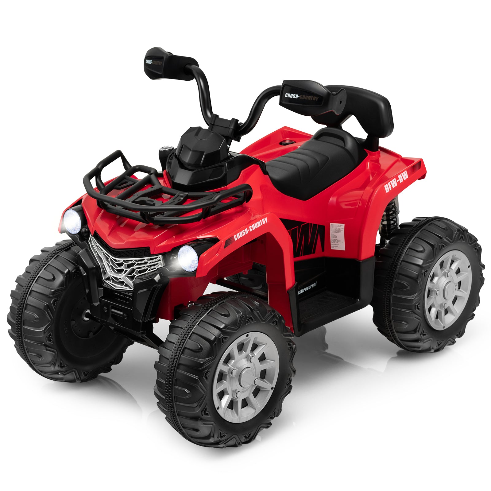 Red toy ATV with black accents on a white background