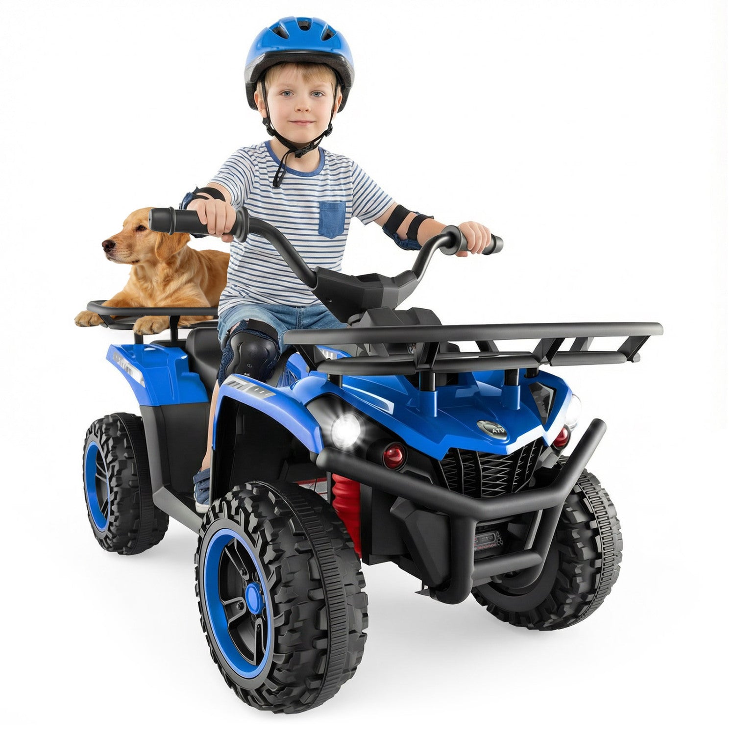 Child riding a blue toy ATV with a dog sitting in the back on a white background