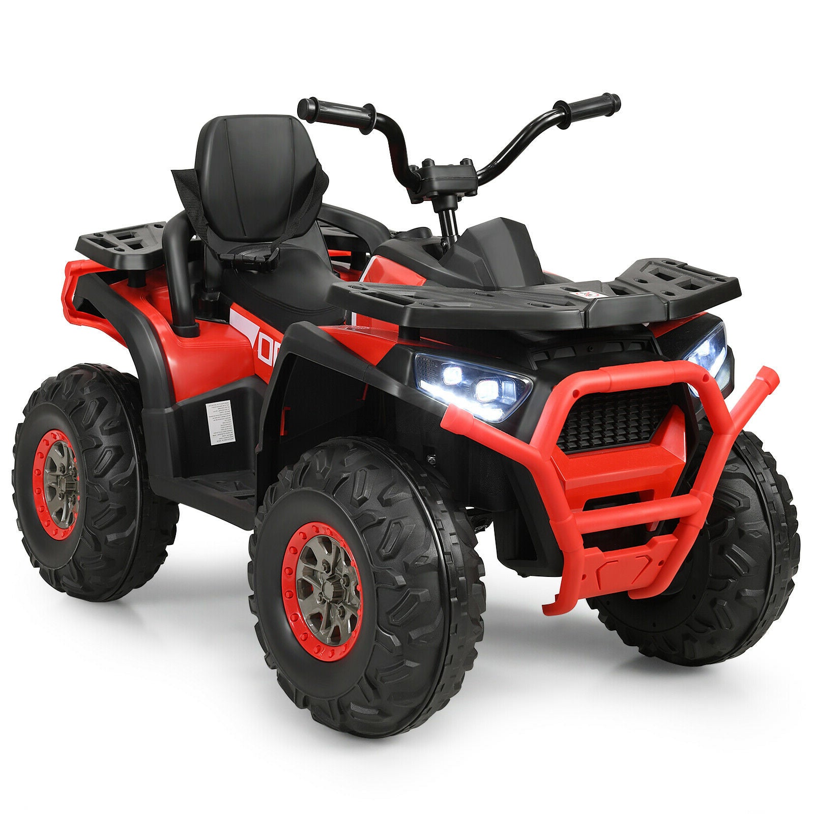 Red and black toy ATV on a white background