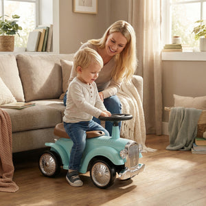 Woman and child playing with a toy car in a cozy living room.