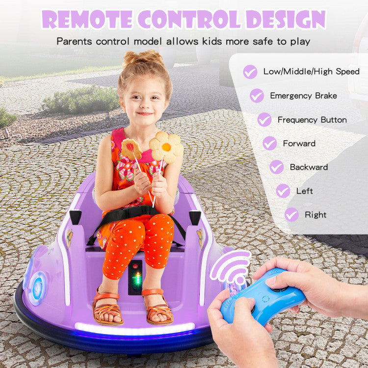 Child sitting in a purple toy car with remote control design features displayed.