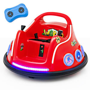 Red children's bumper car with colorful lights and a blue remote control on a white background