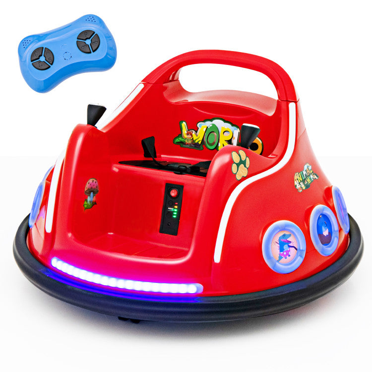 Red children's bumper car with colorful lights and a blue remote control on a white background