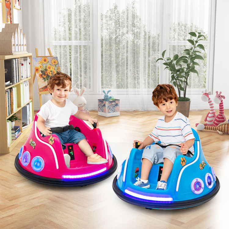 Two children playing in colorful bumper cars in a room with a bookshelf and plants.
