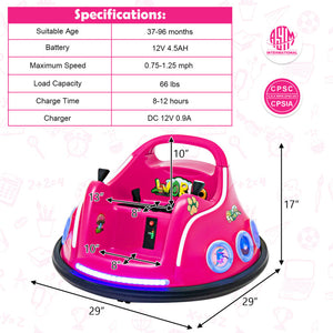 Pink children's bumper car with specifications on a white background