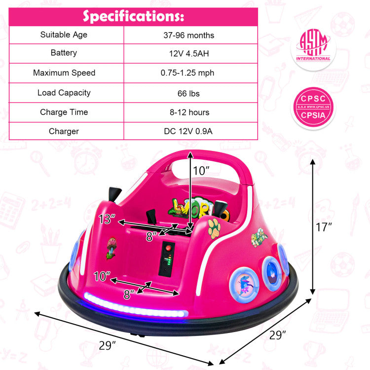 Pink children's bumper car with specifications on a white background