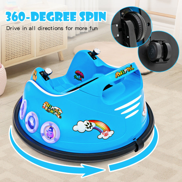 Blue children's bumper car with cartoon designs on a wooden floor.