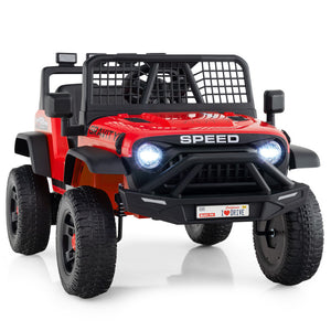 Red toy jeep with black accents on a white background