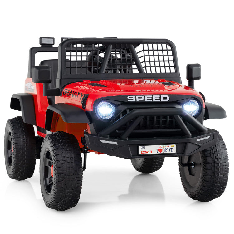 Red toy jeep with black accents on a white background