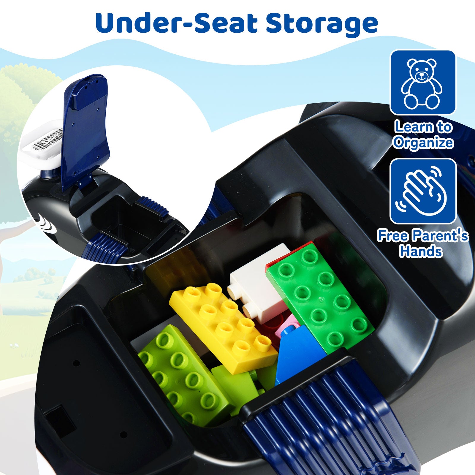 Under-seat storage compartment with colorful building blocks and text about organization and free hands.