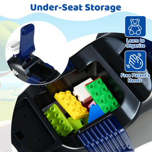 Under-seat storage compartment with colorful building blocks and text about organization and free hands.