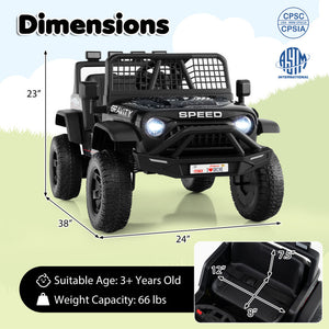 Black toy off-road vehicle with dimensions and safety certification logos on a light green background