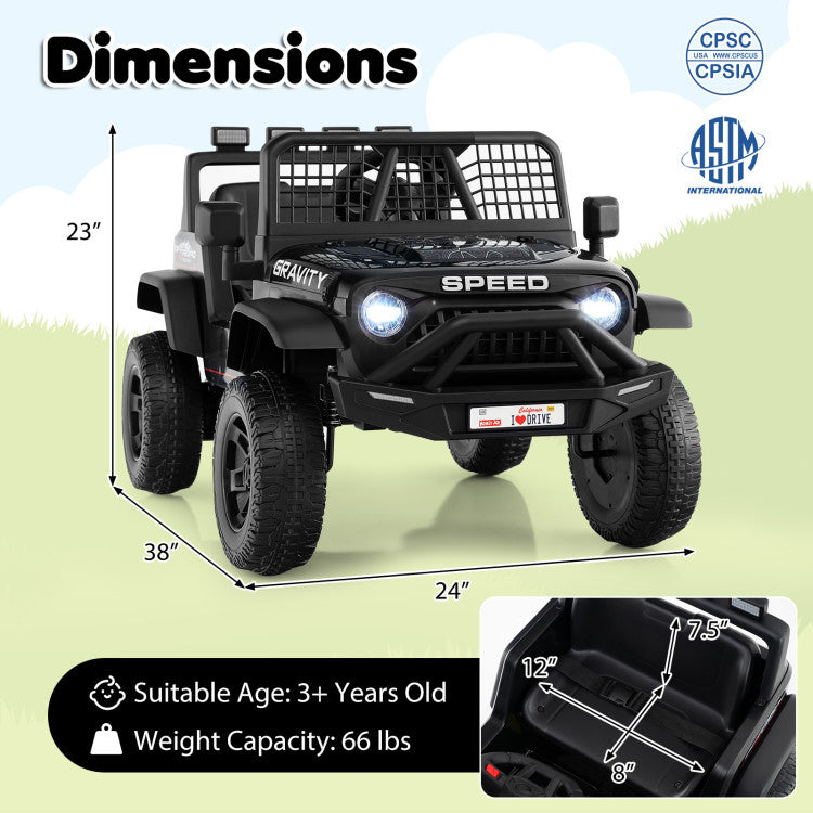 Black toy off-road vehicle with dimensions and safety certification logos on a light green background