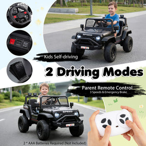 Children's electric toy car with remote control and driving modes on a road.